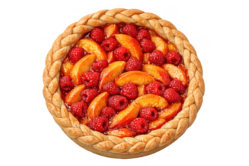 Peach raspberry galette dessert fresh baked with braided crust, sweet summer fruit tart on transparent background