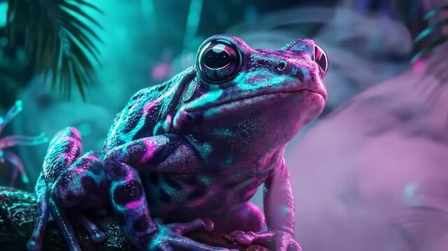 Neon bioluminescent frog amphibian glossy tree branch tropical rainforest, vibrant surreal lighting