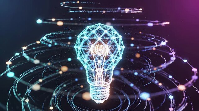 Digital lightbulb visualization with glowing particle network connections represents innovation, creativity and technological ideas. Abstract concept illustrates artificial intelligence, data