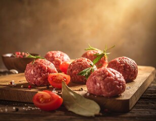 Fresh Meatballs with Tomatoes on a Wooden Cutting Board.