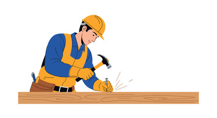 A skilled carpenter in a hard hat and tool belt carefully hammering a nail into a wooden plank with precision.