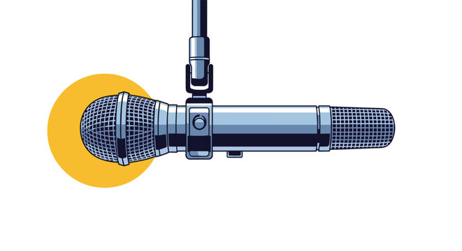 Detailed illustration of a professional dynamic microphone hanging in a studio setting, against a yellow circular background.