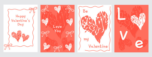 A set of four doodle style cards with text, hearts, and bows. Valentine's Day posters.Vector.