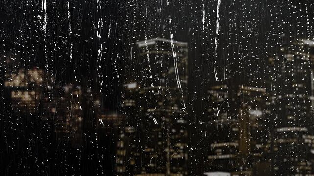 Midnight City Through a Rainy Window 4K features a view of city buildings with flickering lights through a window with rain falling and running down the glass.