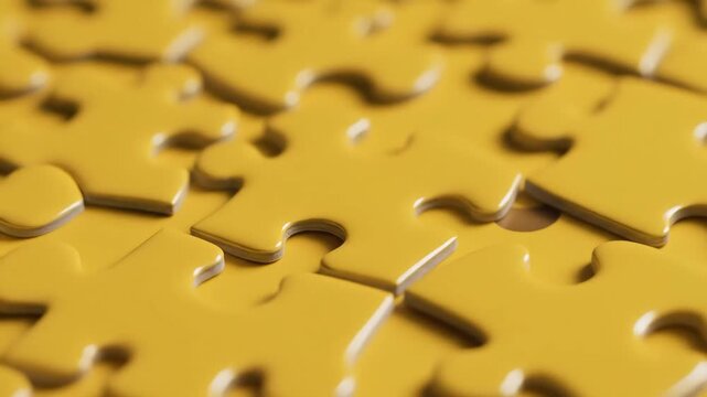 Closeup of yellow puzzle pieces forming a complete surface showcasing intricate details and connections.