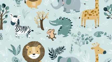 Fototapeta premium Cute cartoon jungle animals seamless pattern. Safari animals pattern with giraffes, elephants, and lions on a light blue background