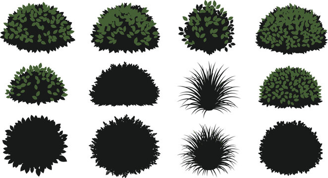 various shapes of bushes and shrubbery silhouettes against a white background