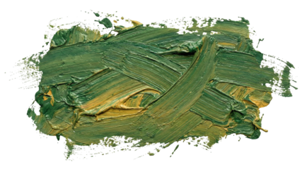 Thick textured smear of dark green and yellow acrylic paint with bold overlapping strokes and expressive layered patterns on a transparent background
