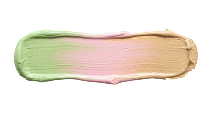 Gradient acrylic paint smear blending green pink and beige tones with soft smooth brush texture on a transparent background for creative and artistic projects