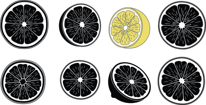 a collection of lemon slices in various monochrome and yellow color schemes
