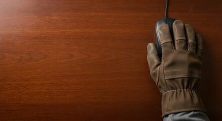 Photo of a mining employee's hand holding a computer mouse with a cable on a brown wooden table, technology, 