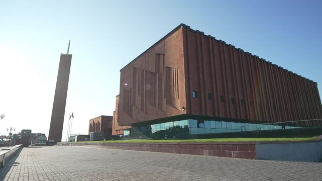 National Library building serves as state repository for domestic and international publications. Design symbolizes intellectual heritage