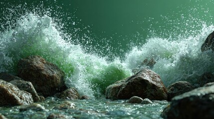 Water splashes on rocks with green hues during a bright day by the shore