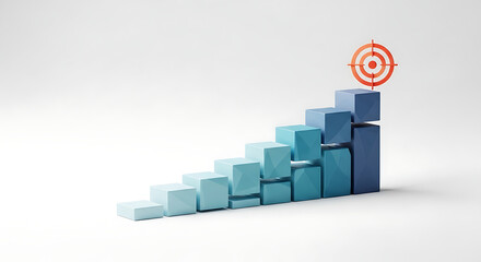 A dynamic, jagged graph of blue blocks ascends towards a red target, illustrating growth and fluctuations.