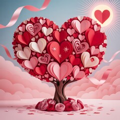 Delicate surreal valentine's tree with heart shaped leaves in pink hues under sunny sky with clouds