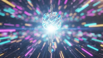 Digital security key with encryption pattern against dynamic data network background. Technology concept of cybersecurity protection, privacy, authentication access, blockchain cryptography and secure - Powered by Adobe