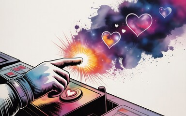 Hand pressing heart button on futuristic device with colorful hearts exploding into space