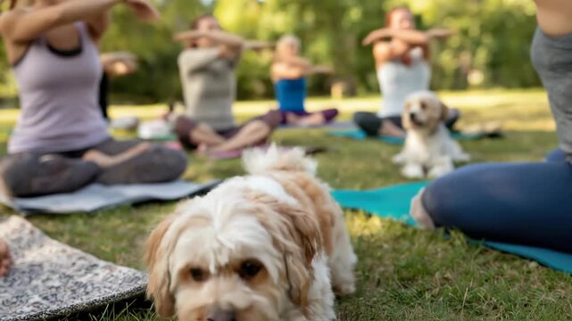 Diverse women, tranquil outdoor yoga class, companion dogs, group wellness activity, serene park setting, mindful exercise, healthy lifestyle, animal companionship
