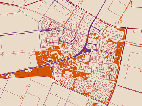 Minimal city map of Dronten, Netherlands with terracotta and violet accents
