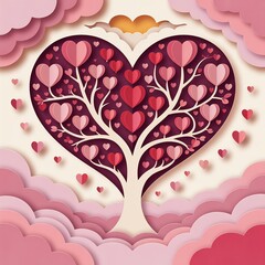 Paper cutout heart tree with pink and red hearts on branches surrounded by clouds and love symbols romantic surreal art