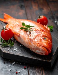 Fresh Red Snapper with Tomatoes and Herbs on Dark Wood.