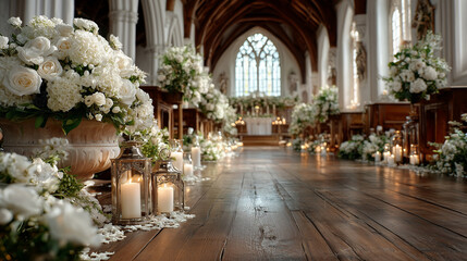 The elegant aisle of a grand church is beautifully decorated for a wedding, featuring abundant white floral arrangements and glowing candles in lanterns leading to the altar.