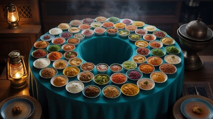Ramadan iftar table setting with variety of traditional middle eastern food dishes on blue tablecloth