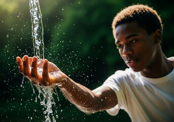Fototapeta premium Young Black Man Catching Running Water, Outdoor Hydration Concept, Backlit Close-Up, Sparkling Droplets, Fresh Lifestyle, Green Bokeh Background Illustration