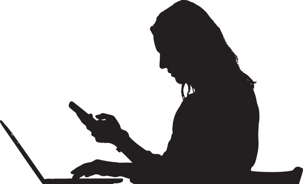 Silhouette of woman using laptop and smartphone computer