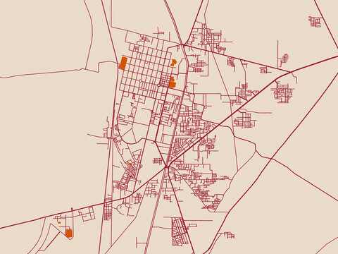 Urban map poster of Dera Ghazi Khan, Pakistan with warm ivory base with deep wine street grid, clay-orange areas and dusky purple waterways