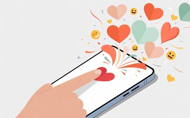 Hand interacting with smartphone screen displaying heart symbol surrounded by colorful hearts and emojis