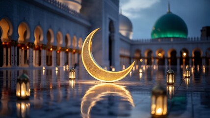 Hyper realistic ramadan night scene with glowing crescent moon lanterns and mosque architecture