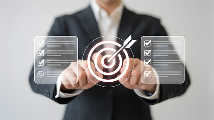 Businessman holding virtual target with checklist and dart, symbolizing goal achievement and success
