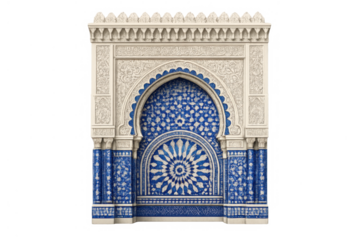 Moroccan arch with arabesque pattern and zellige mosaic decor, traditional islamic architecture facade, transparent background