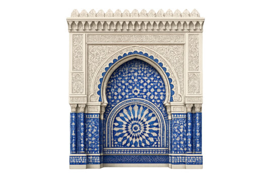 Moroccan arch with arabesque pattern and zellige mosaic decor, traditional islamic architecture facade, transparent background