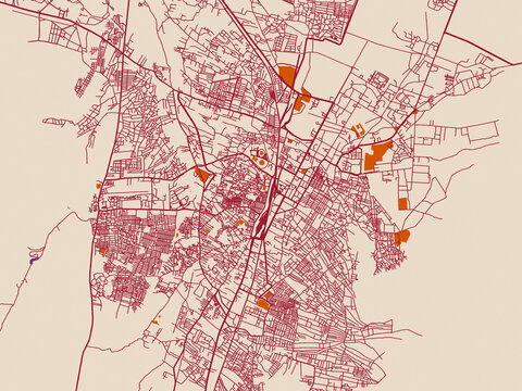 Urban map poster of Quetta, Pakistan &ndash; warm boho color palette