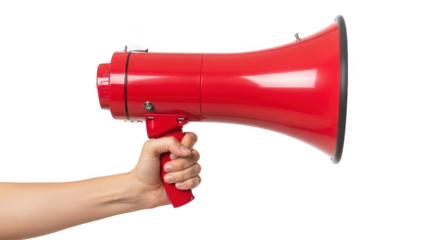 Hand holding a red megaphone for public announcement and important messages isolated on transparent background