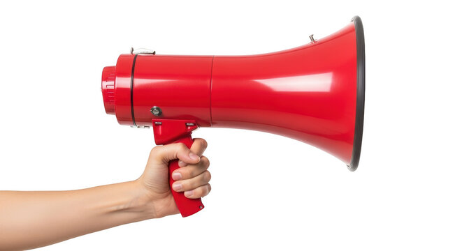 Hand holding a red megaphone for public announcement and important messages isolated on transparent background