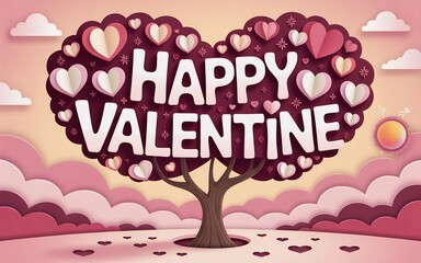 Valentine's day heart tree landscape with happy valentine message in pink and white hearts
