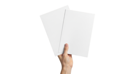 Hand holding two blank a4 white paper sheets for mock up presentation isolated on transparent background
