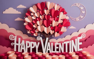 Fantastical layered paper art of a heart tree with 'happy valentine' text on a purple background with clouds and a crescent moon