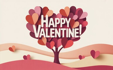 Whimsical valentine's day tree with colorful hearts and 'happy valentine' text on a pastel background