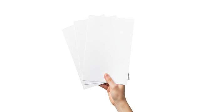 Hand holding stack of blank white paper documents isolated on transparent background