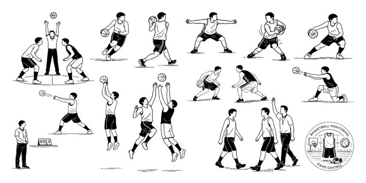 バスケットボールの基本動作と人物ポーズ 線画イラスト集、Basketball Basic Movements and Player Poses Line Illustration Set