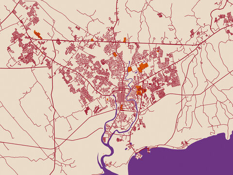 Street network map of Lucena, Philippines, burgundy linework on cream