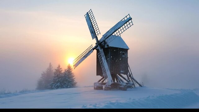 Snowy old windmill bathed in warm misty winter light