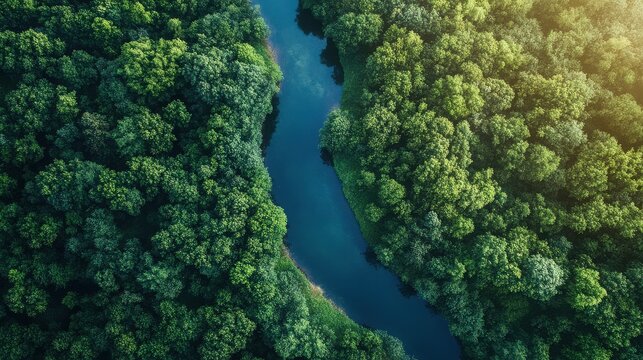 Stunning aerial view captures a winding deep blue river carving its path through an intensely vibrant, dense green temperate forest canopy under the bright sunlight of a clear day.