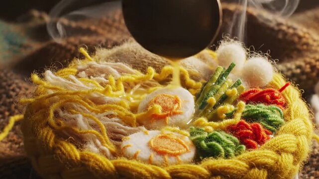 Creative Crochet Soto Ayam - Traditional Indonesian Yellow Noodle Soup with Yarn and Wool Textures