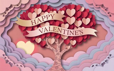 Valentine's day card with layered paper design tree hearts