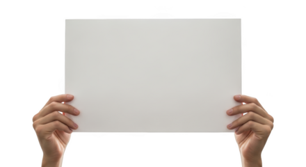 Hands holding a blank white sign banner invitation template isolated on transparent background